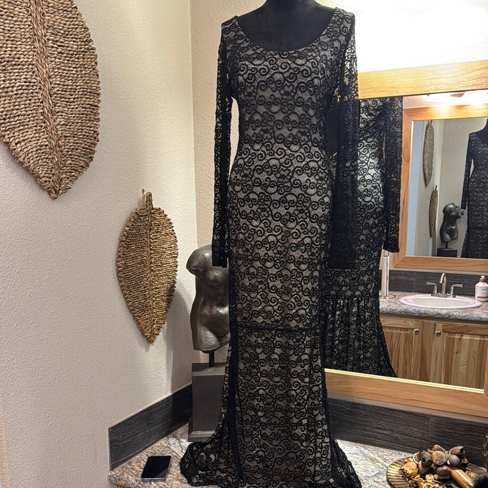 Black and Cream Long Sleeve Cocktail Gown